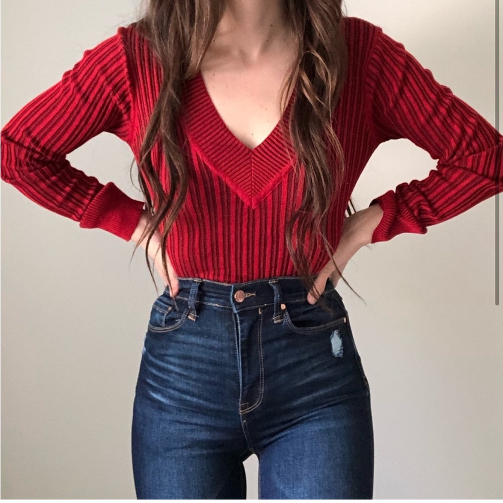 Vintage sexy Tight Y2k stretchy Ribbed Fitted Knit Sweater Top long sleeve A